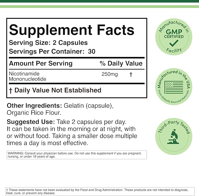 Double Wood Supplements Nmn Nicotinamide Mononucleotide 250mg - Supports Nad+ Levels - 60 Capsules - Dietary Supplement thumbnail 2