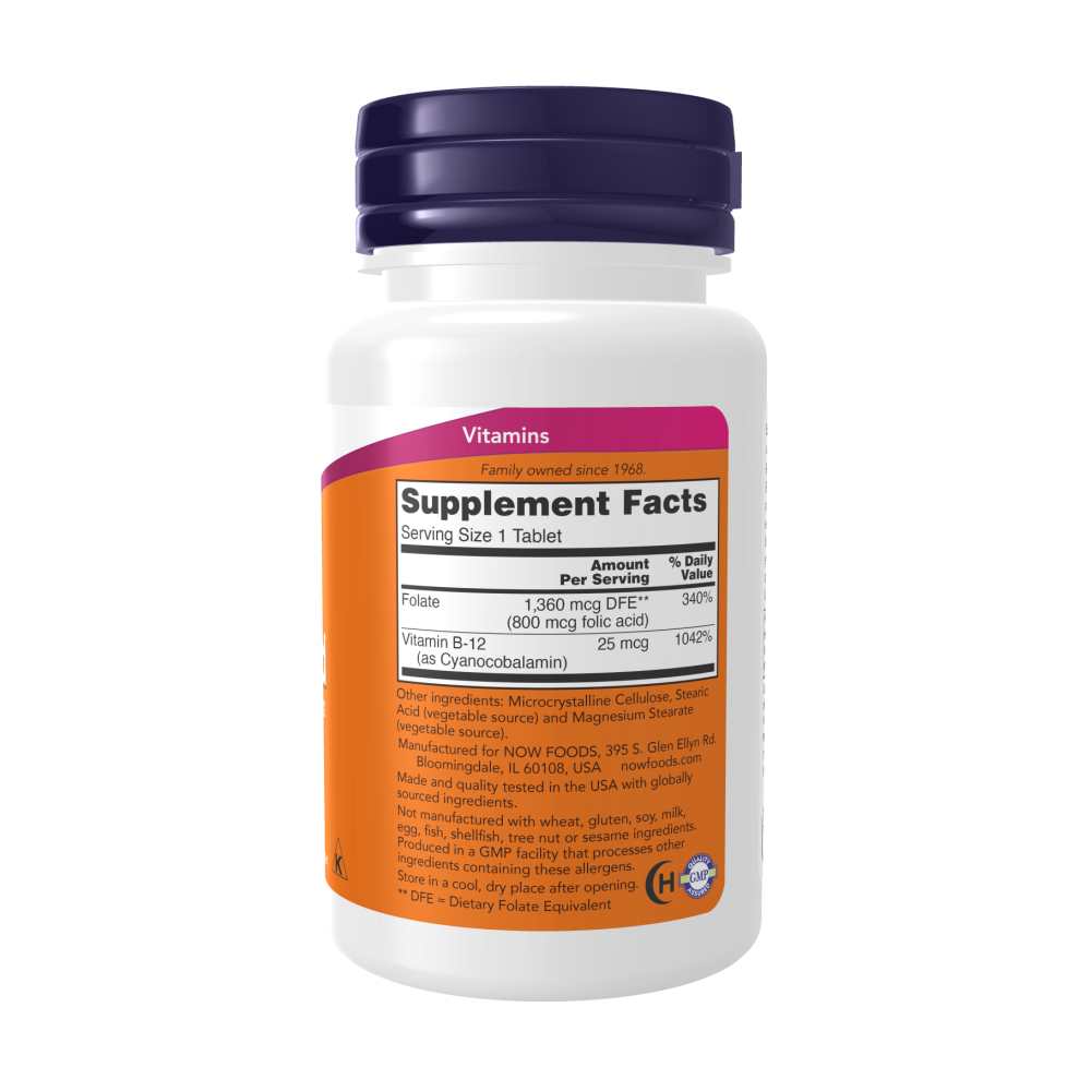 Now Foods Folic Acid 800 Mcg with B-12 – 100 Tablet thumbnail 3