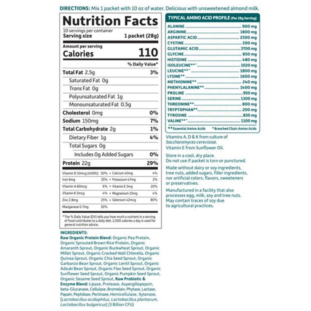 Garden of Life Raw Organic Protein Powder Unflavored - No Stevia 10 Packets 1oz (28g) thumbnail 2
