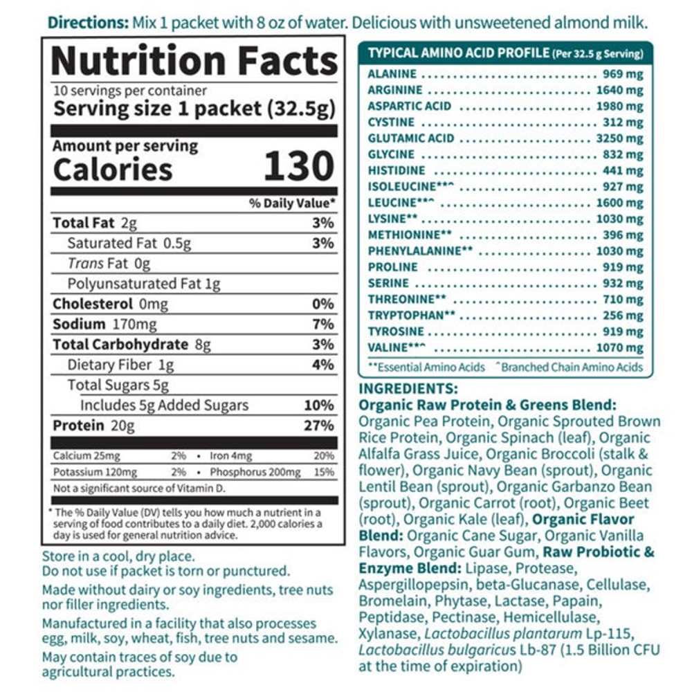 Garden of Life Raw Protein & Greens Lightly Sweet 10 Packets 1.14oz (33g) Powder thumbnail 2