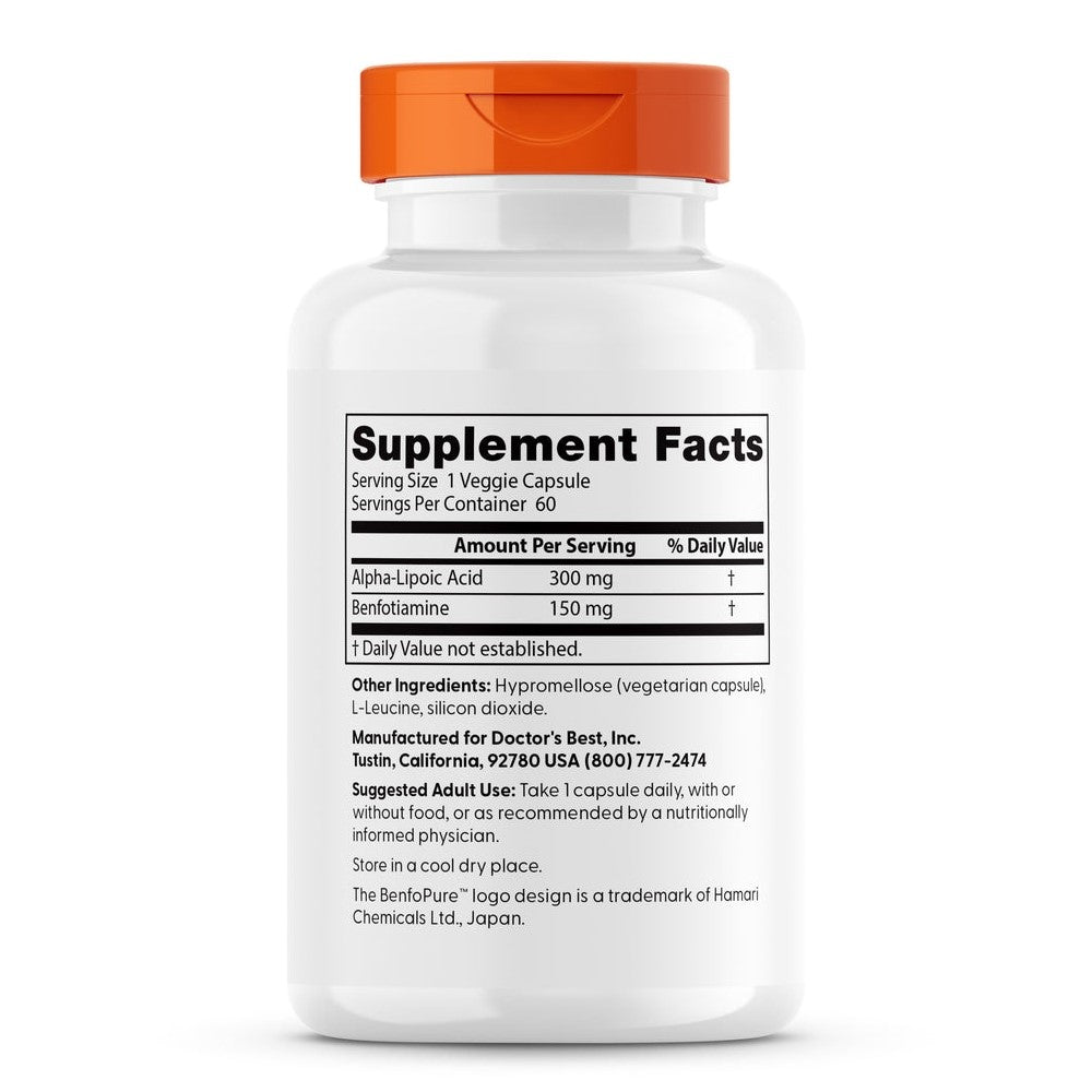 Doctor's Best Benfotiamine + Alpha-Lipoic Acid 150mg, Science-Based Nutrition™, Vegan Capsules, Supports Healthy Glucose Metabolism, 60 Veggie Caps thumbnail 2