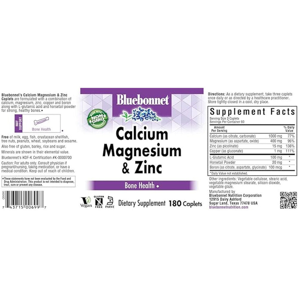 Bluebonnet Calcium Magnesium & Zinc 180 Caplets – Bone Strength & Immune Support thumbnail 2