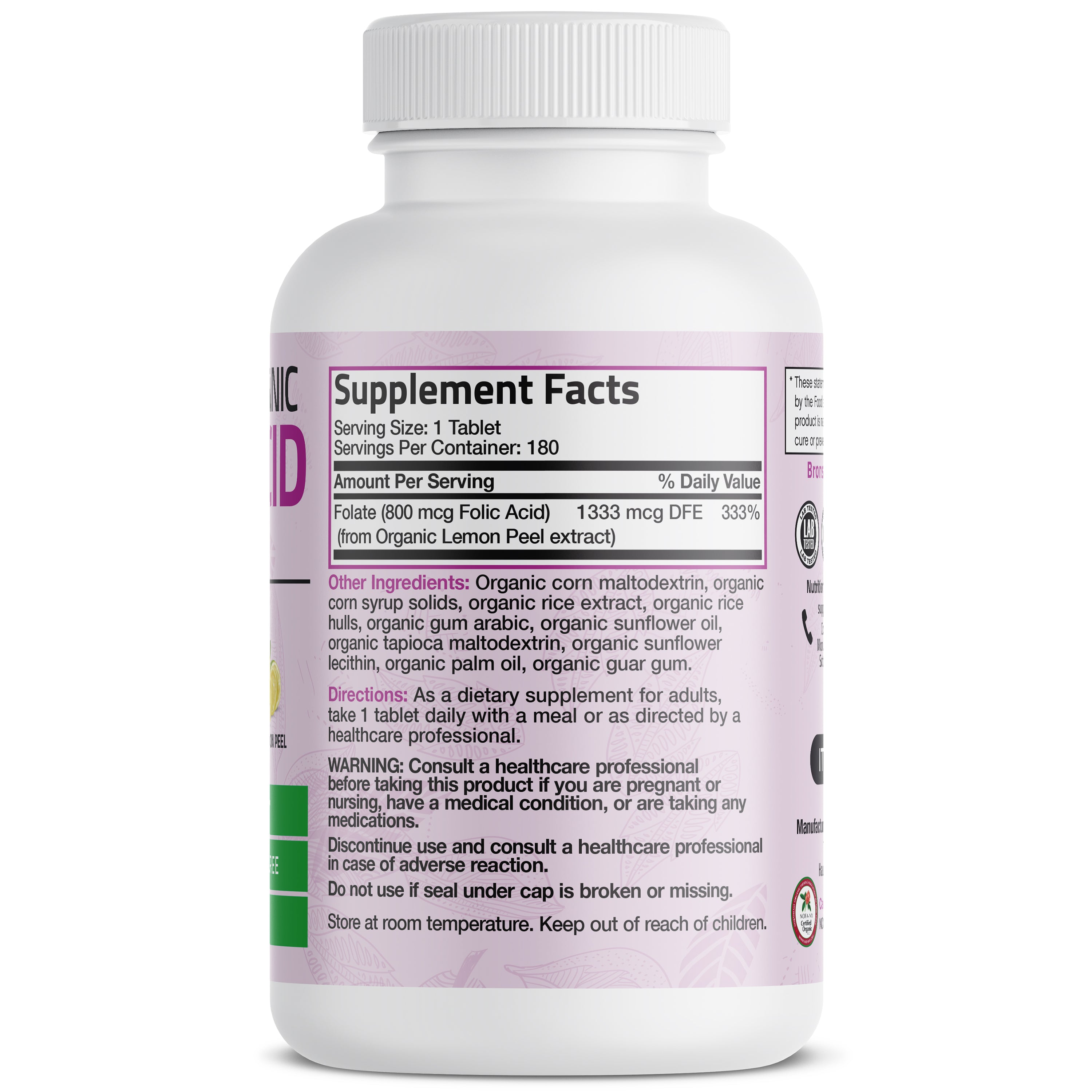 Bronson Vitamins Folic Acid (folate) Vegetarian Usda Certified Organic - 800 Mcg 180 Tabs thumbnail 3