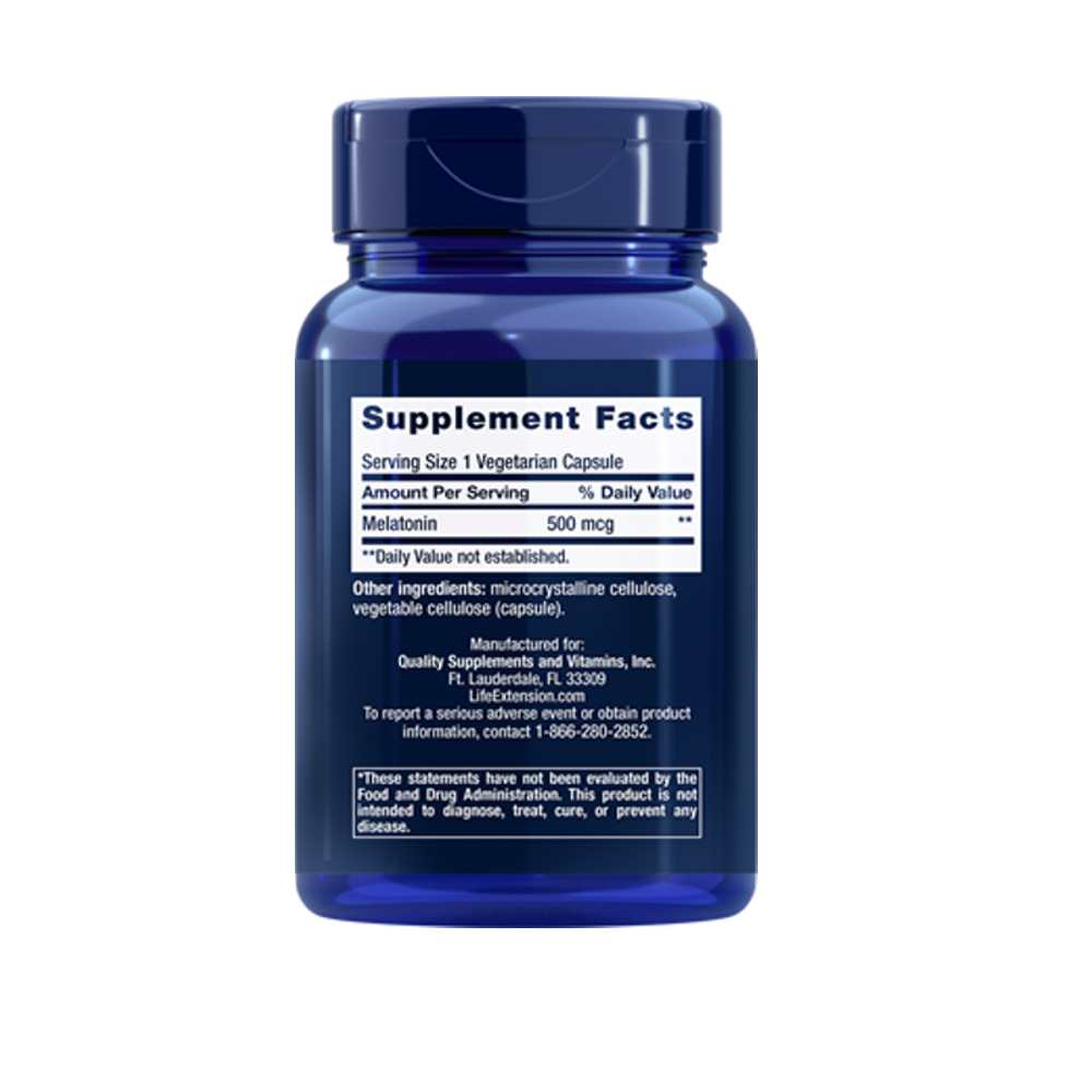 Life Extension Melatonin 500 Mcg, 200 Vegetarian Capsules thumbnail 2