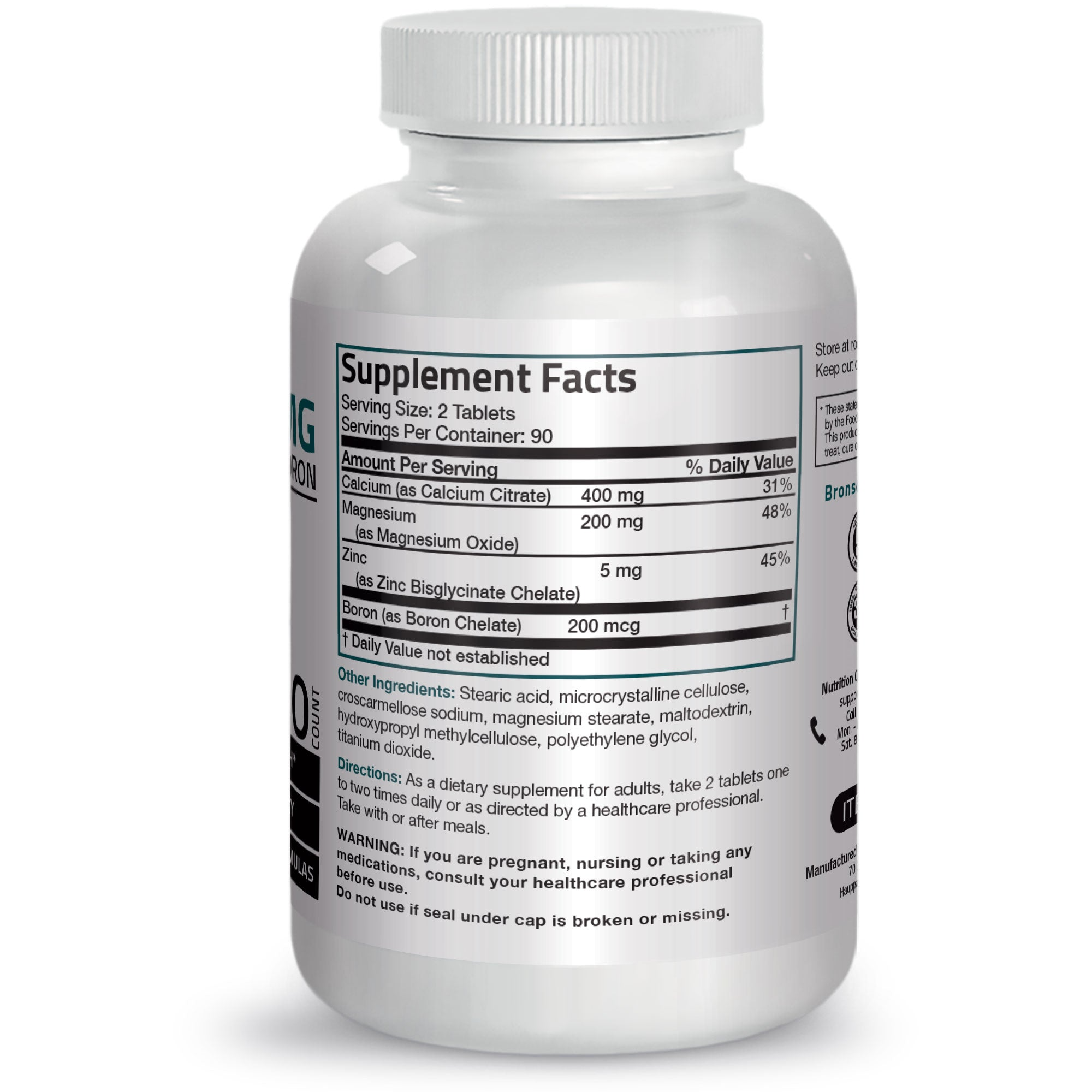 Bronson Vitamins Calcium and Magnesium with Boron and Zinc - 180 Tablets thumbnail 2