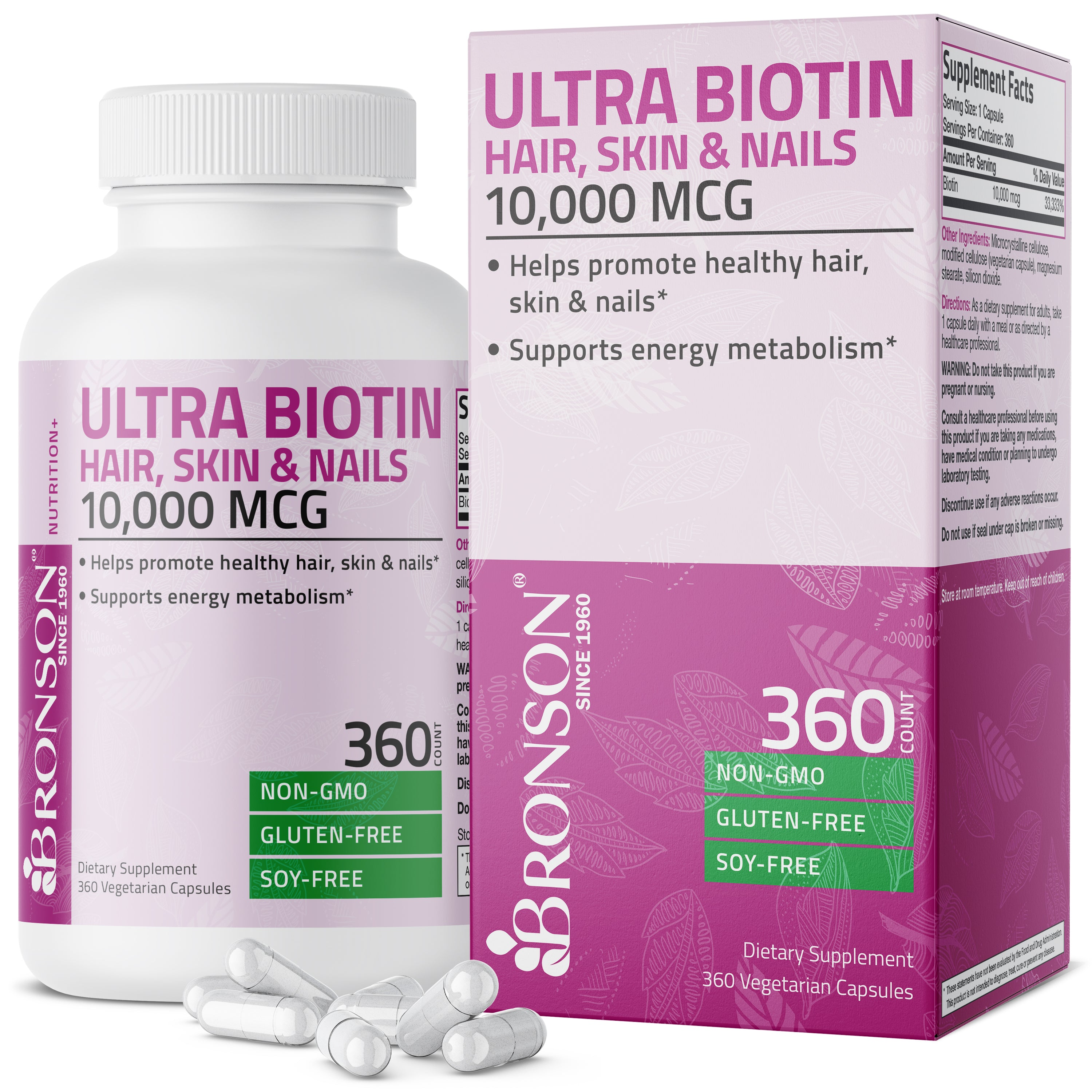 Bronson Vitamins Ultra Biotin Hair, Skin & Nails - 10,000 Mcg 120 Caps thumbnail 2