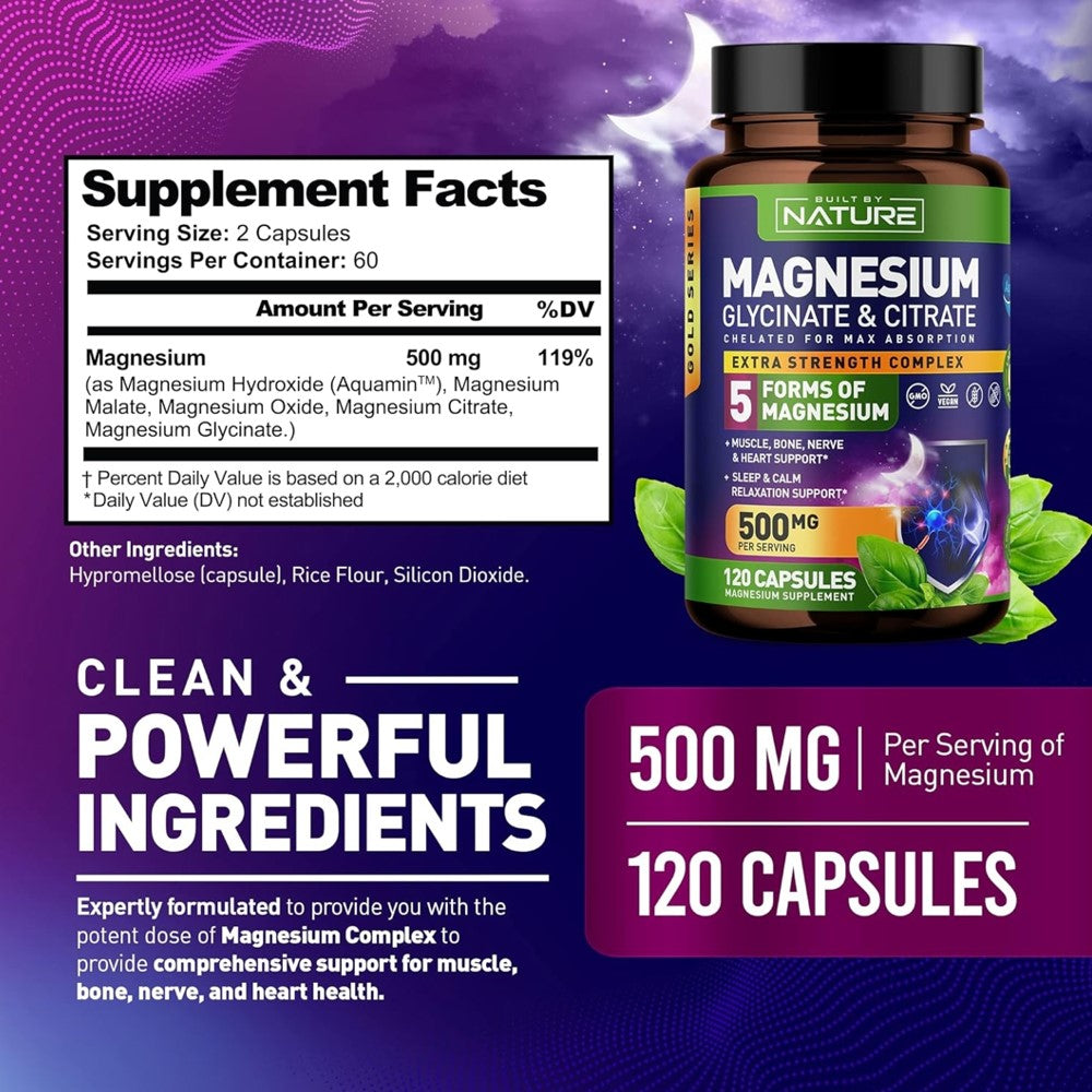 Magnesium Glycinate And Citrate 500mg - Built By Nature thumbnail 2