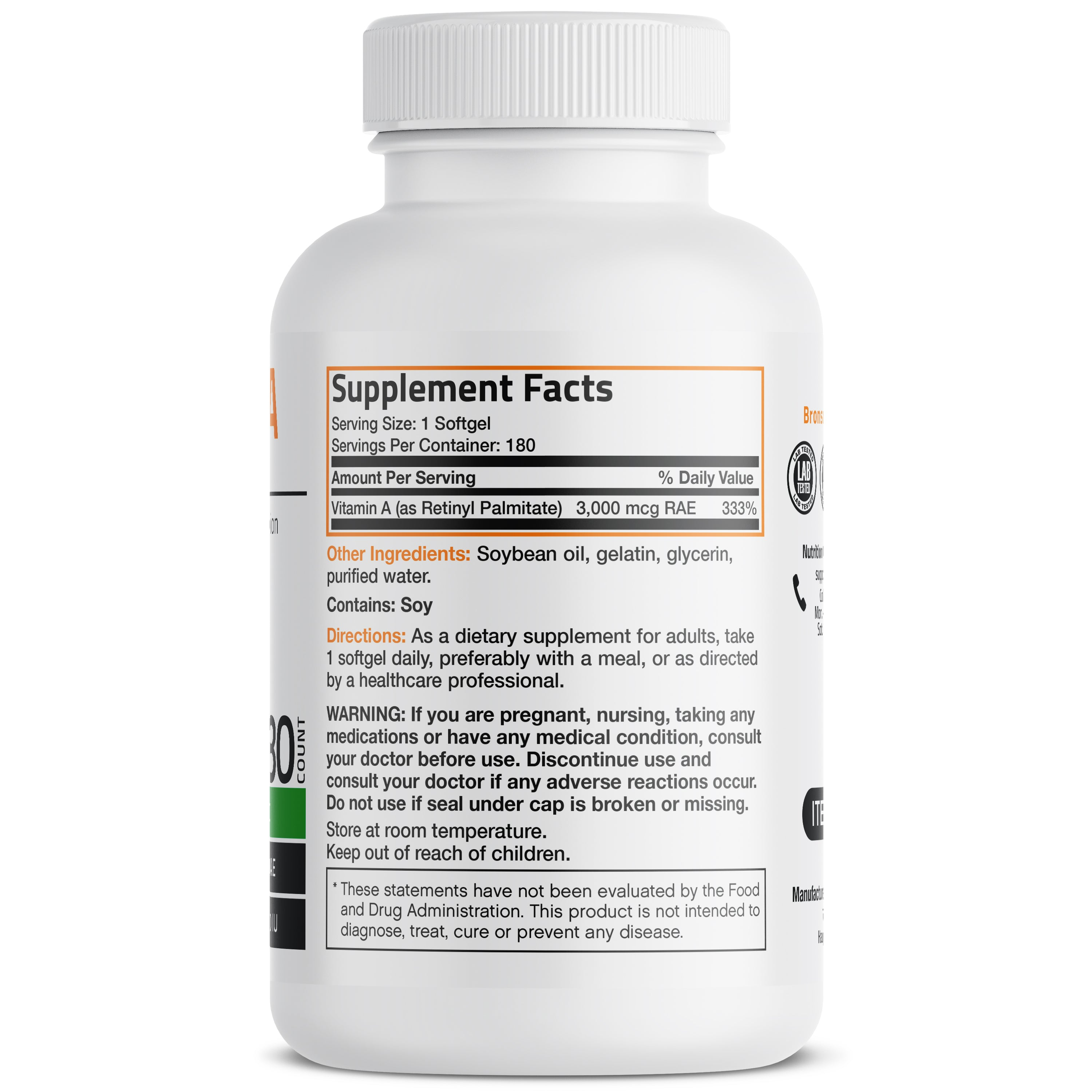 Bronson Vitamins Vitamin a Retinyl Palmitate - 10,000 Iu 180 Softgels thumbnail 4