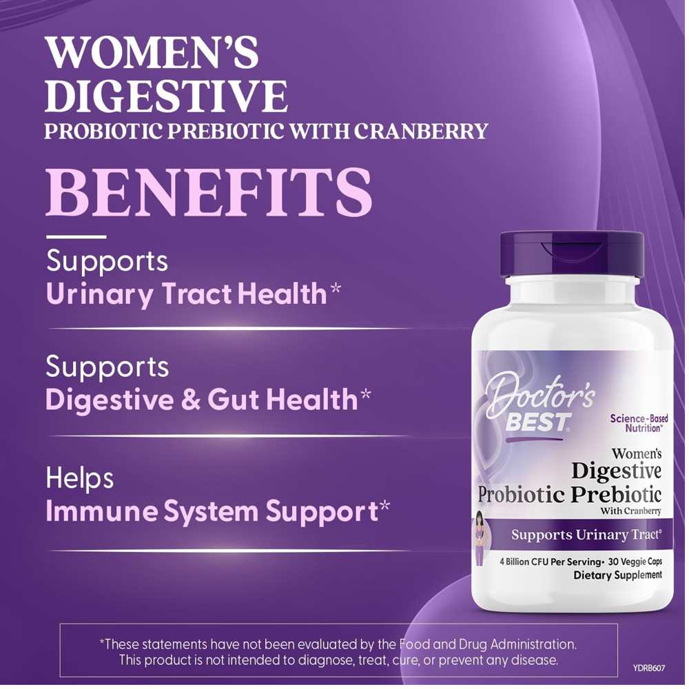 Doctor's Best Women's Digestive Probiotic + Prebiotic with Cranberry 4 Billion Cfu Veggie Caps 30 Count thumbnail 2