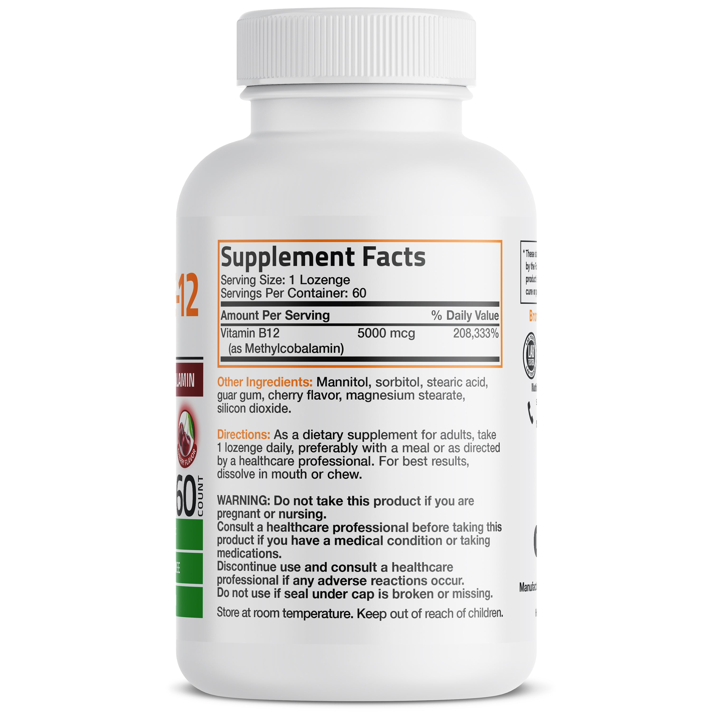 Bronson Vitamins Methyl B12 Fast Dissolve Sublingual - Cherry - 5,000 mcg 60 Lozenges thumbnail 3