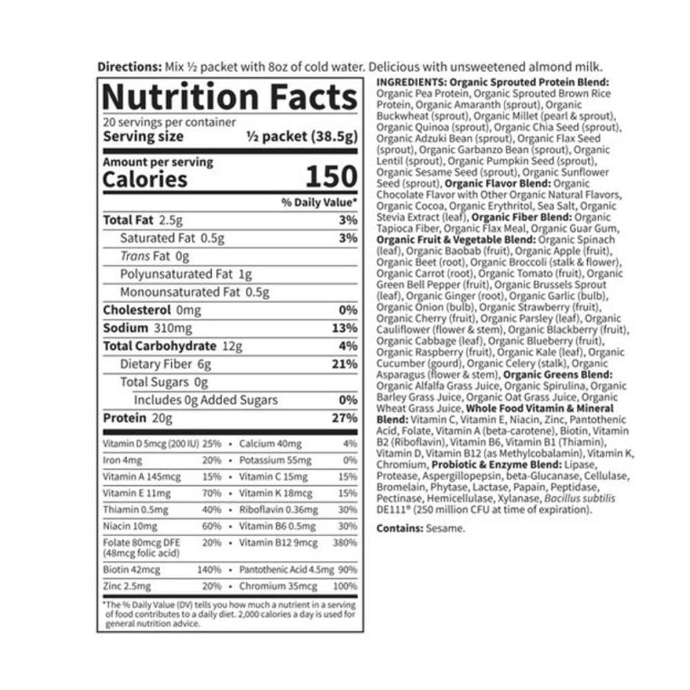 Garden of Life Raw Organic Meal Shake & Meal Replacement Chocolate 10 Packets 2.6 Oz (73g) Powder thumbnail 2