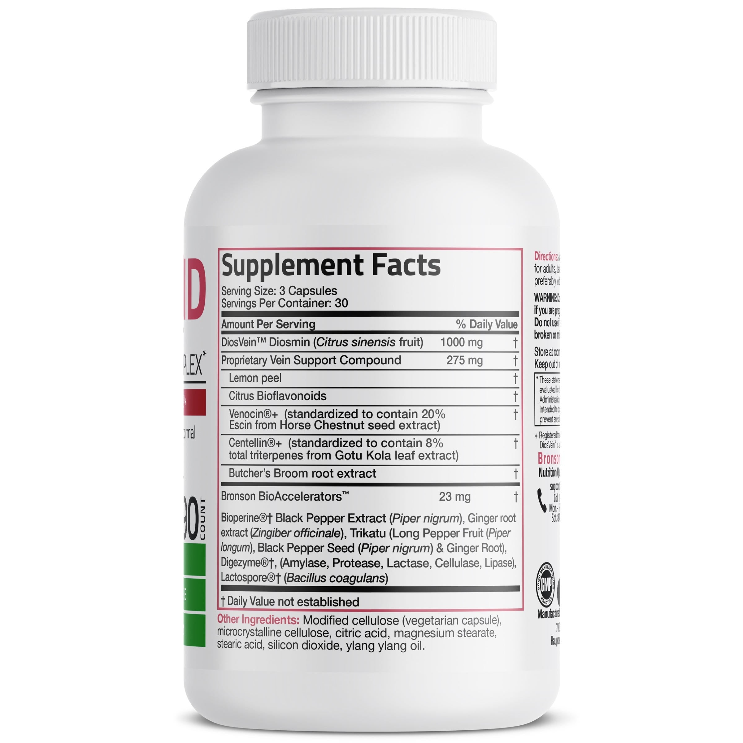Bronson Vitamins Vein Aid Dios Vein™ Diosmin Varicose Vein Complex - 90 Vegetarian Capsules thumbnail 2