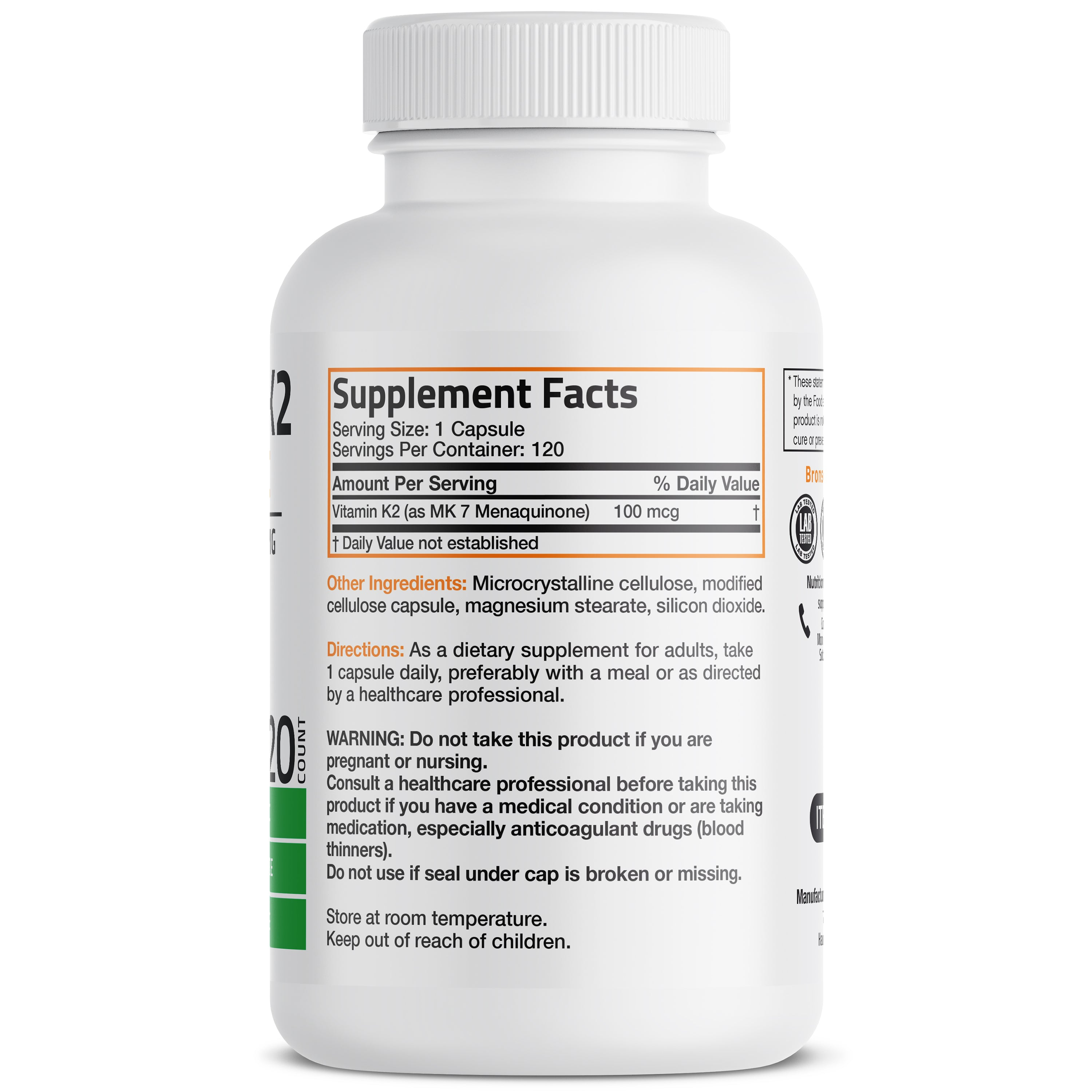 Bronson Vitamins Vitamin K2 Mk-7 - 100 Mcg 120 Caps thumbnail 2