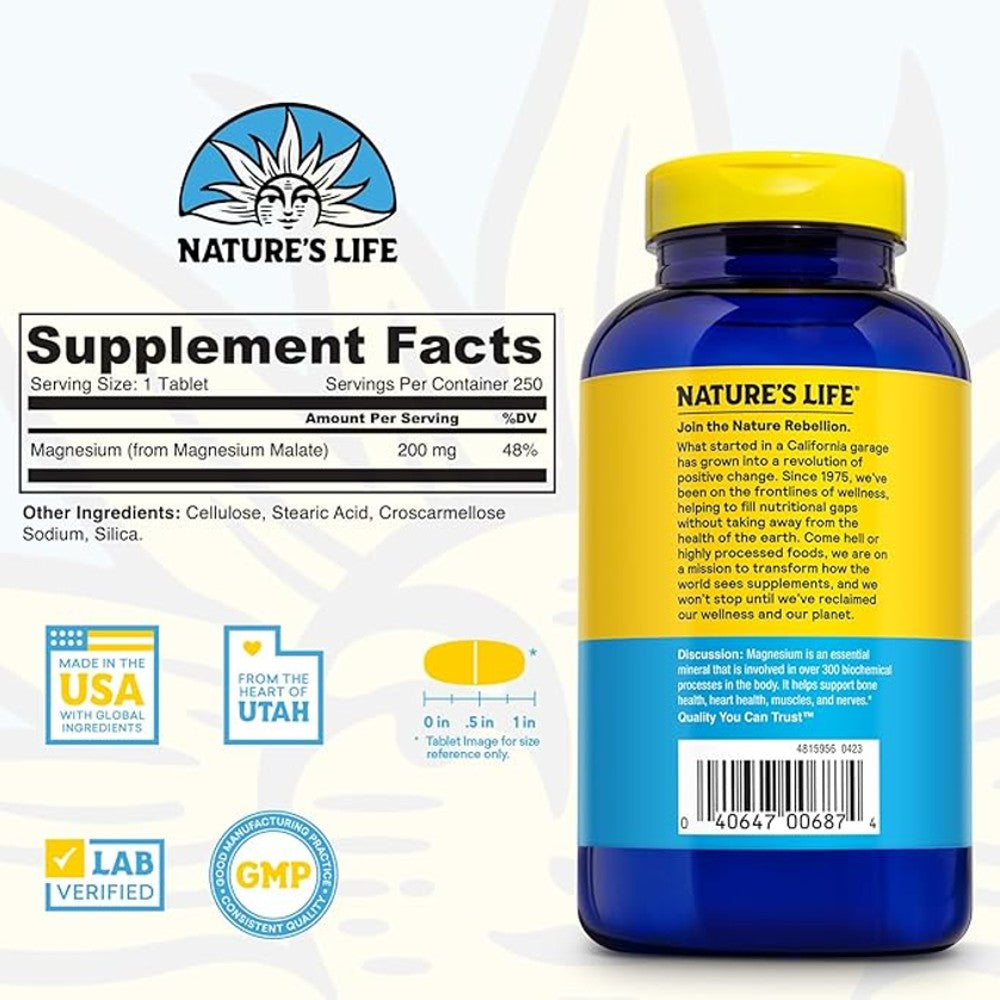 Nature's Life Renewing Magnesium Malate 200mg – Muscle, Heart & Bone Support thumbnail 2