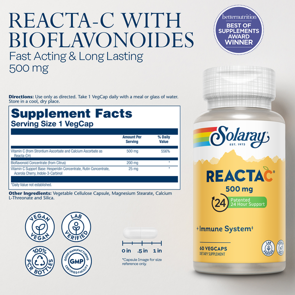 Solaray Reacta-C & Bioflavonoids 500mg 60 Caps thumbnail 2