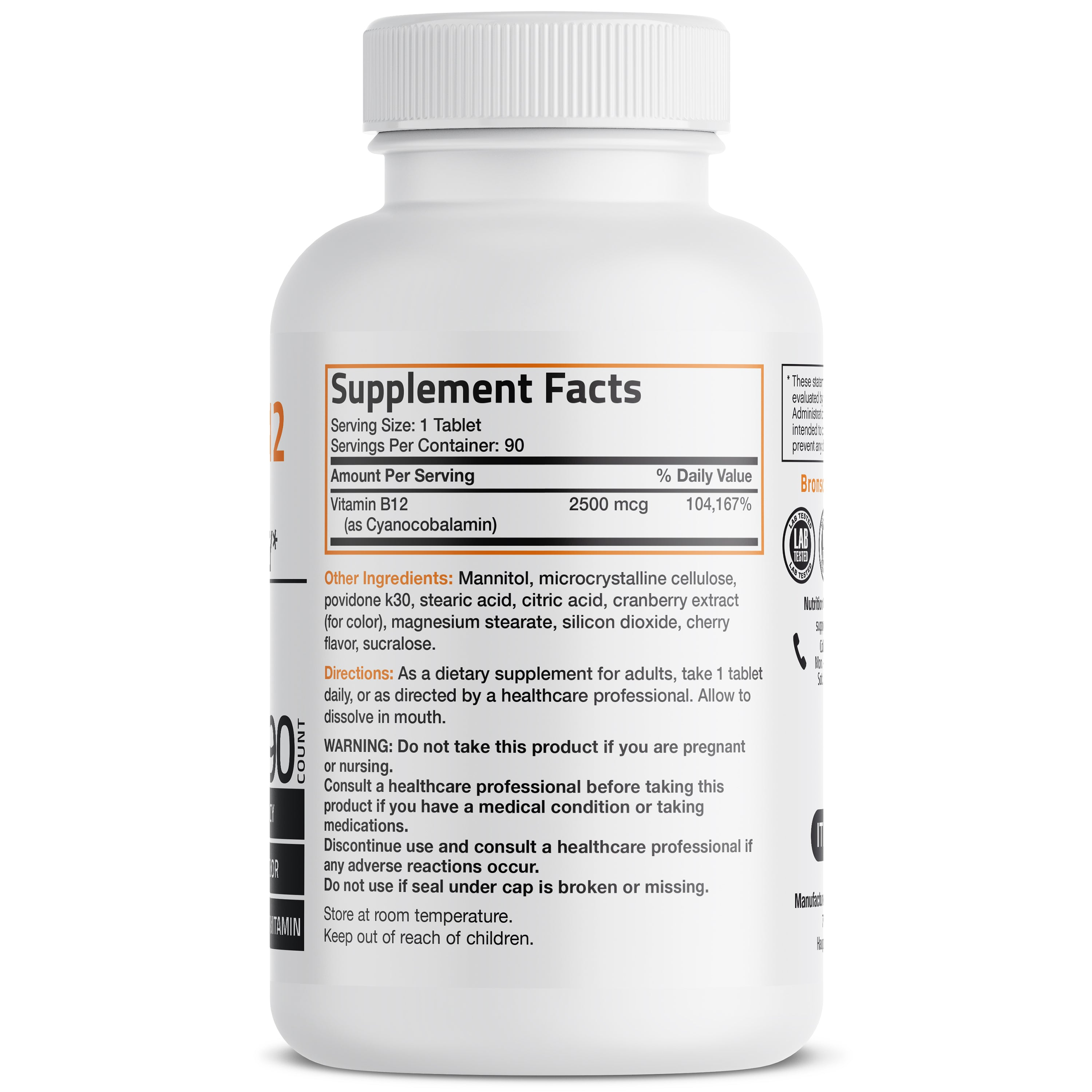 Bronson Vitamins Vitamin B12 Sublingual Quick Release - 2,500 Mcg - Cherry 90 Tabs thumbnail 2