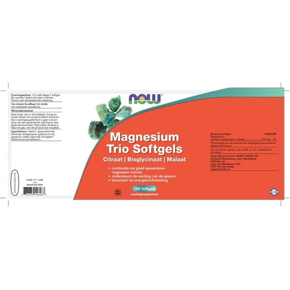 NOW Magnesium Trio Softgels – Citraat, Bisglycinaat & Malaat, 180 Softgels thumbnail 2