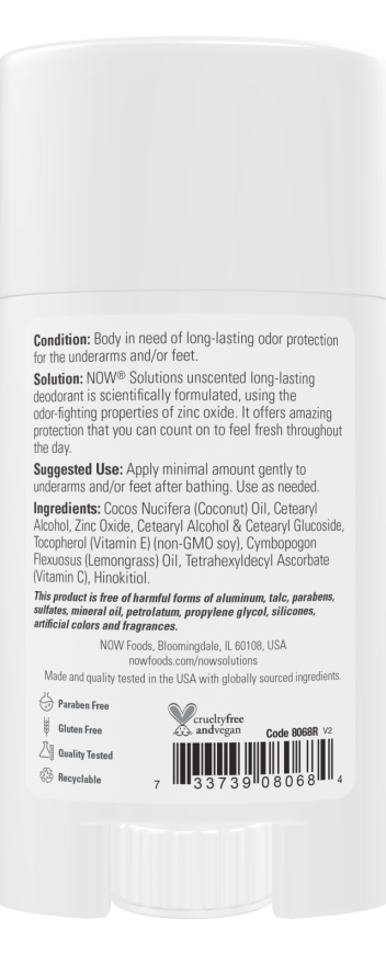Now Foods Long-Lasting Deodorant – Unscented – Paraben & Aluminum Free – 2.2 oz. (62 g) thumbnail 2