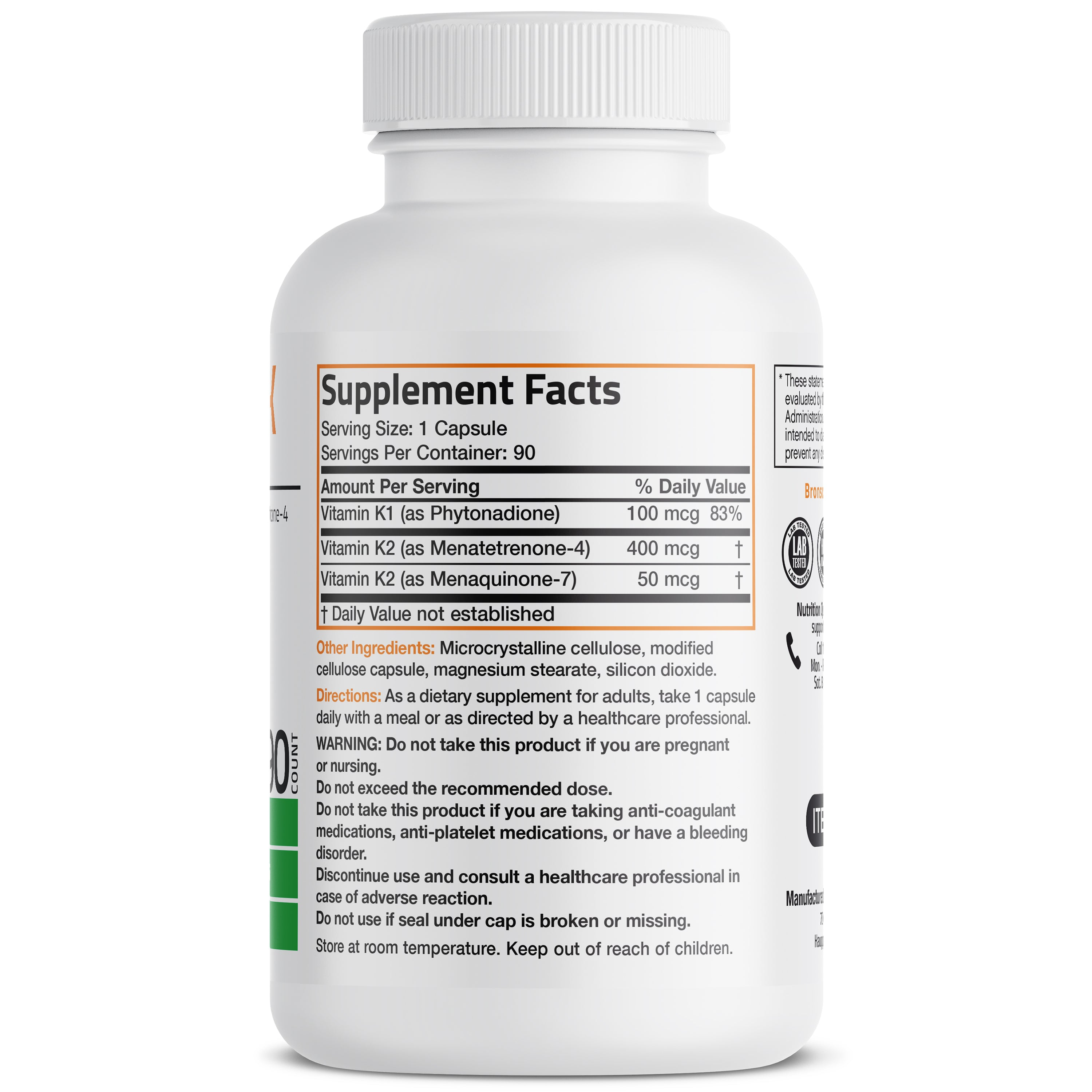 Bronson Vitamins Vitamin K Triple Play™ with K1 and K2 - 550 Mcg 90 Caps thumbnail 3