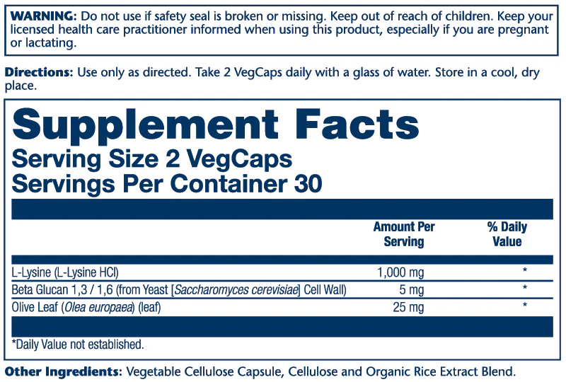 Solaray L-Lysine with Beta Glucan 1000mg 60 Caps thumbnail 2
