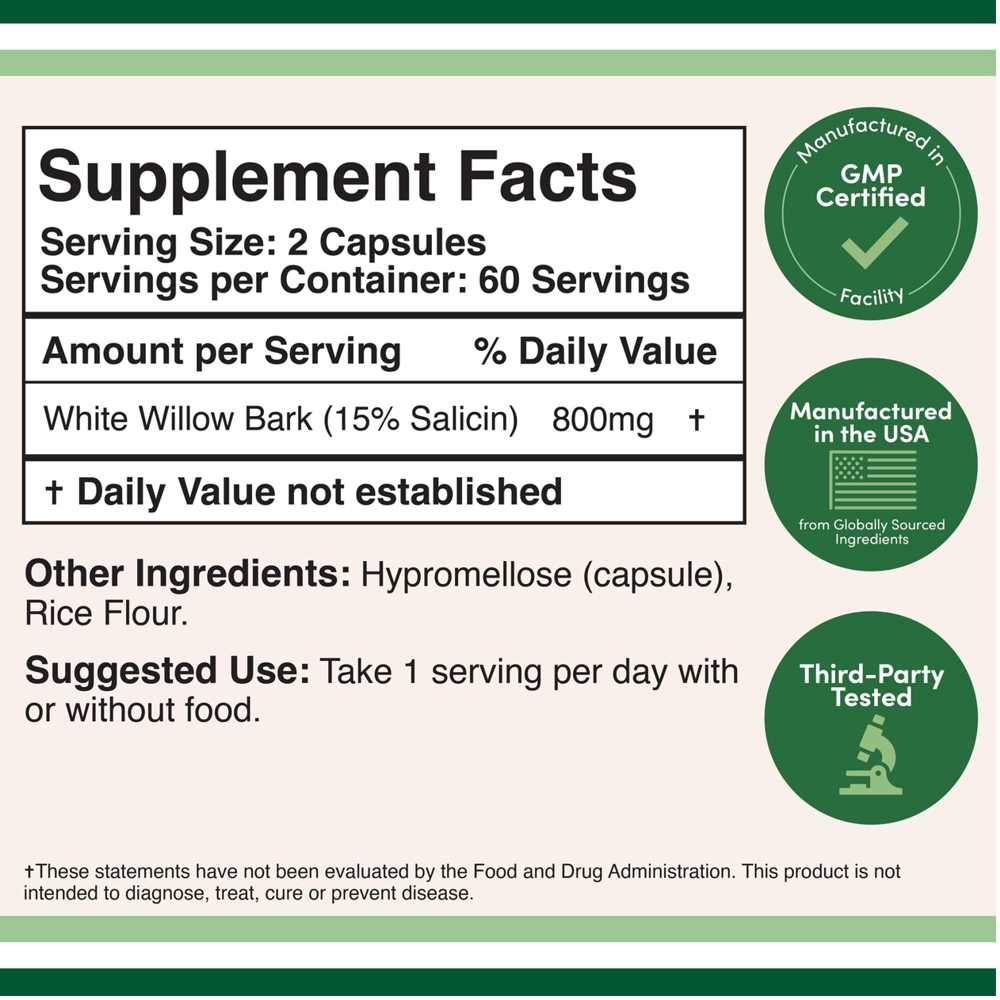 Double Wood White Willow Bark – 800mg Standardized Extract (15% Salicin) | 120 Capsules thumbnail 2