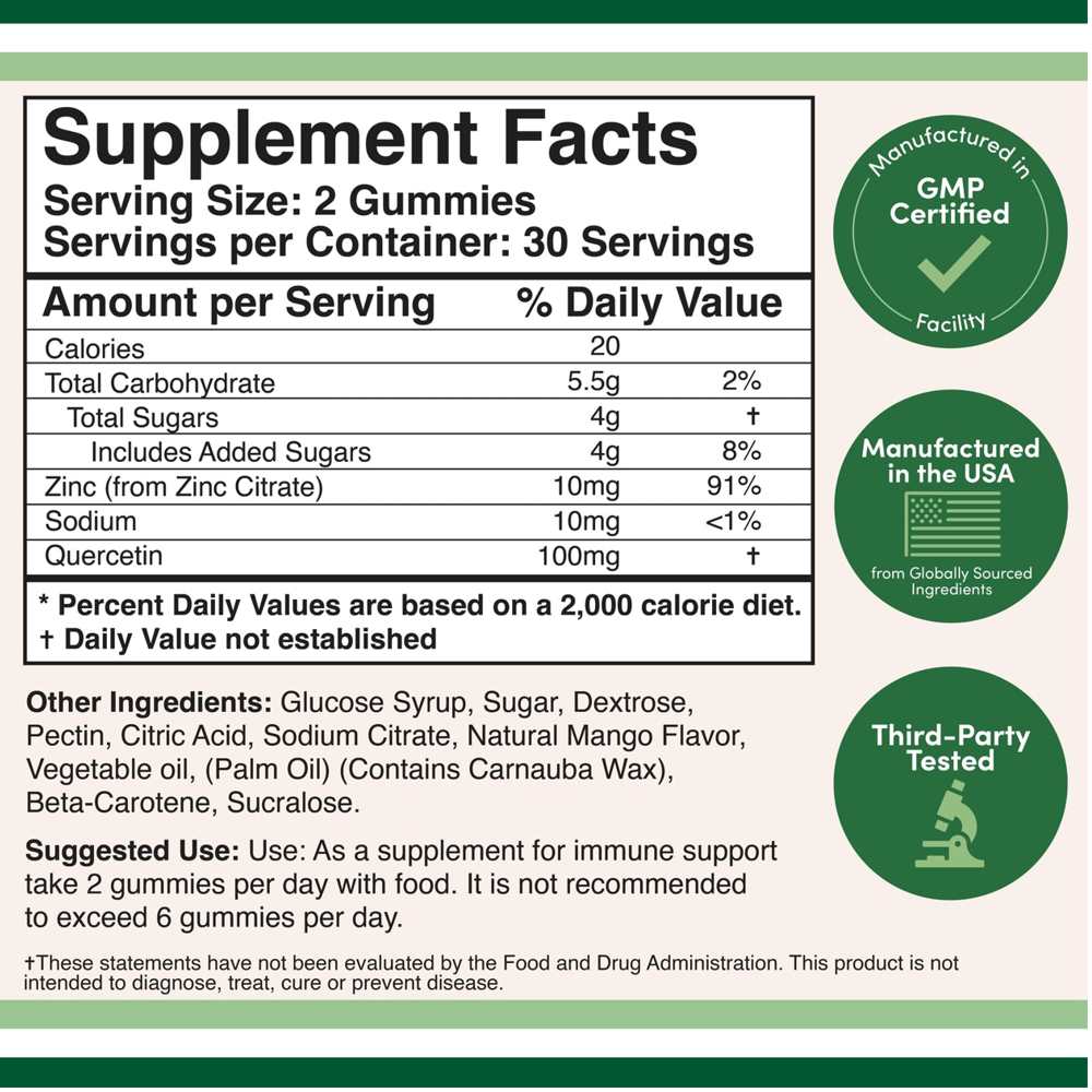 Double Wood Quercetin Zinc Gummies – Mango-Flavored Immune Boost Formula | 60 Gummies thumbnail 2