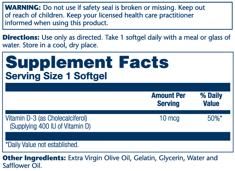Solaray Vitamin D-3 - 10mcg 120 Softgels thumbnail 2