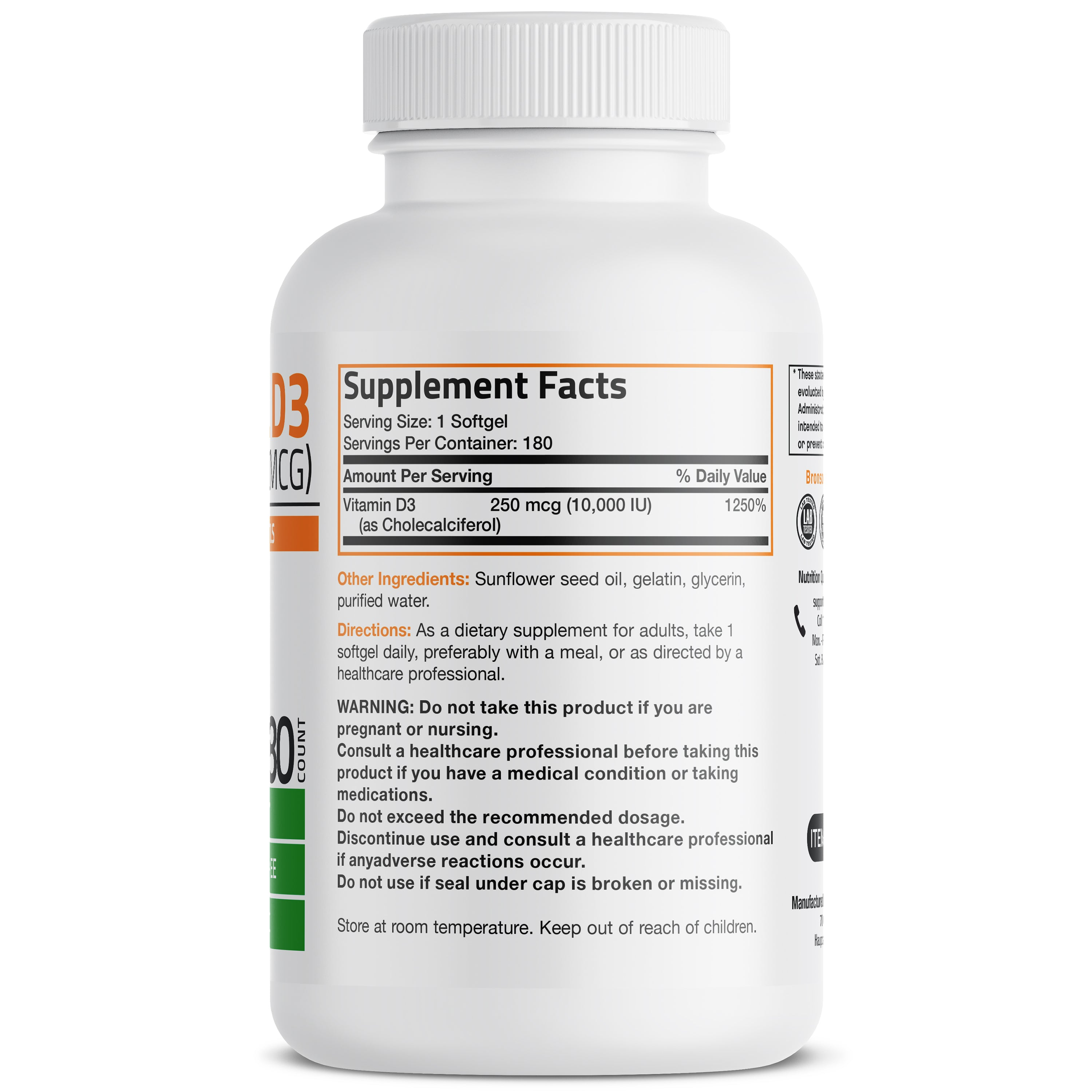 Bronson Vitamins Vitamin D3 - 10,000 Iu 180 Softgels thumbnail 2
