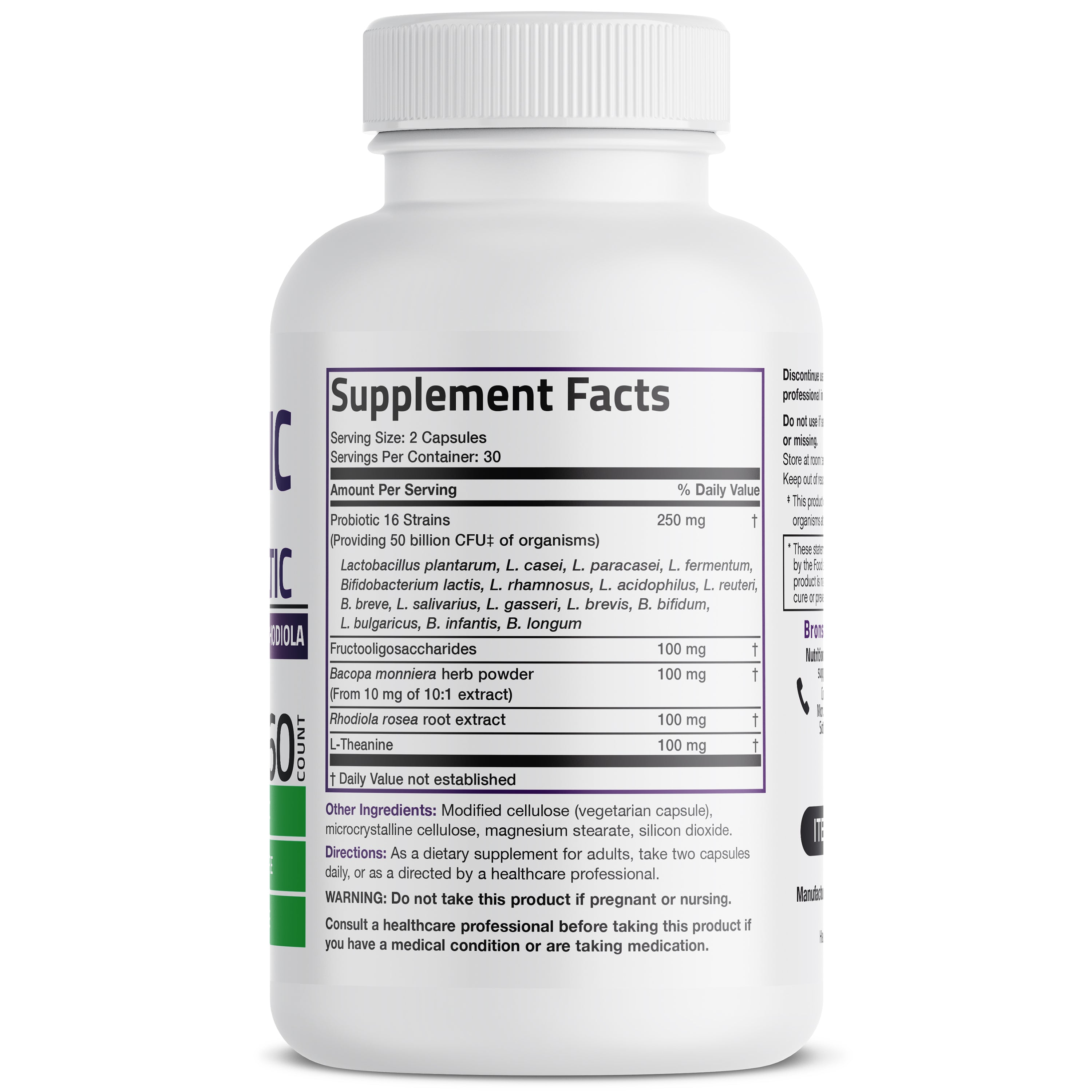 Bronson Vitamins Probiotic Plus Prebiotic with L-Theanine, Bacopa & Rhodiola - 50 Billion Cfu - 60 Vegetarian Capsules thumbnail 2