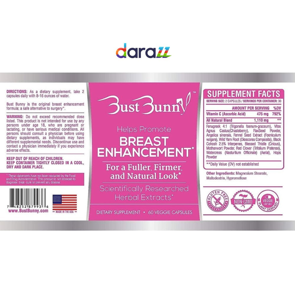 Bust Bunny - Breast Enhancement Supplement | Natural Herbal Formula for Fuller & Firmer Look | 60 Veggie Capsules thumbnail 2