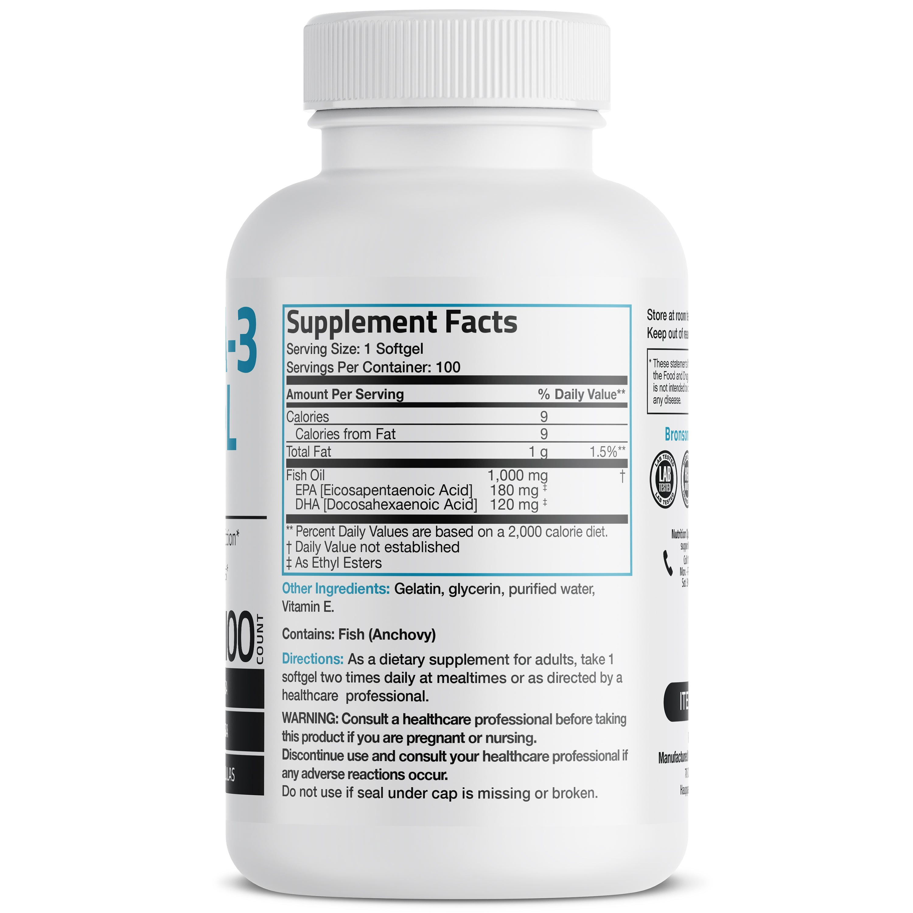 Bronson Vitamins Omega-3 Fish Oil Epa Dha - 1,000 Mg 100 Softgels thumbnail 2