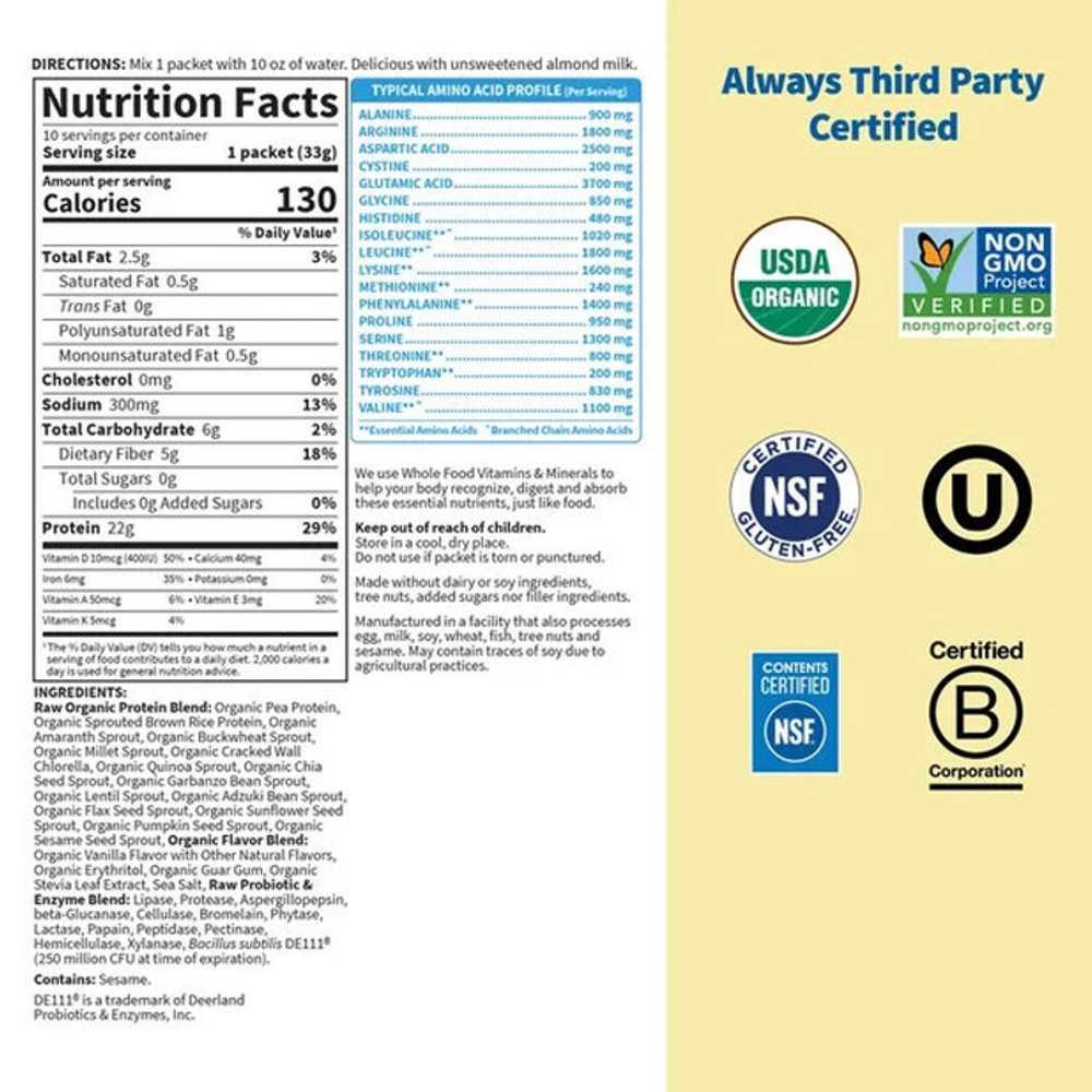 Garden of Life Raw Organic Protein Powder - Vanilla 10 Packets thumbnail 2