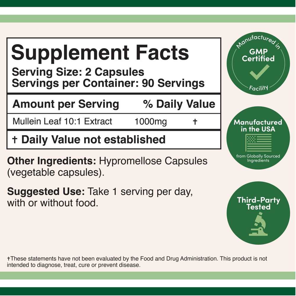 Double Wood Mullein Leaf – 1000mg Herbal Lung Support Formula | 180 Capsules thumbnail 2