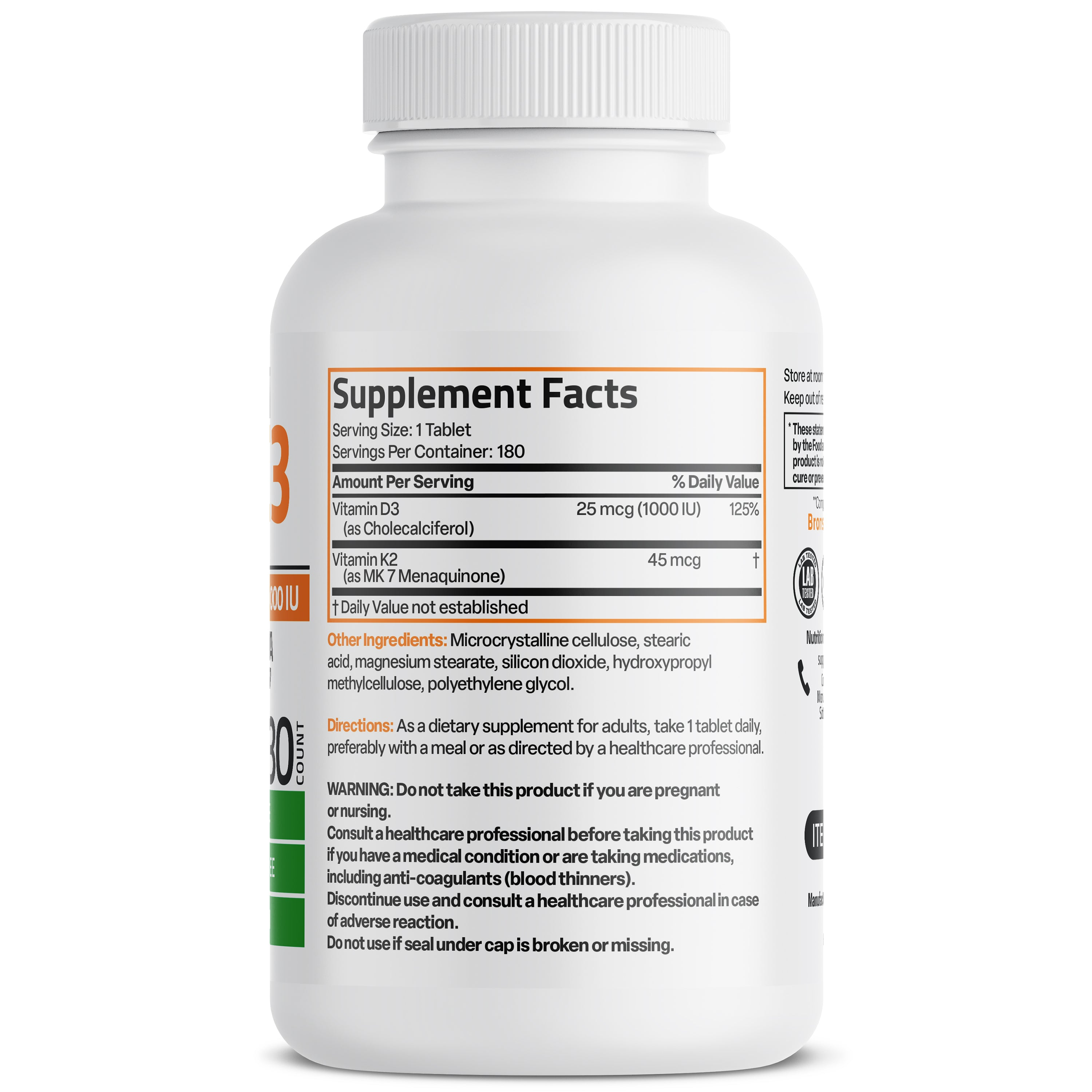 Bronson Vitamins Vitamin K2 (mk7) 45mcg with Vitamin D3 1000 Iu 180 Tabs thumbnail 3