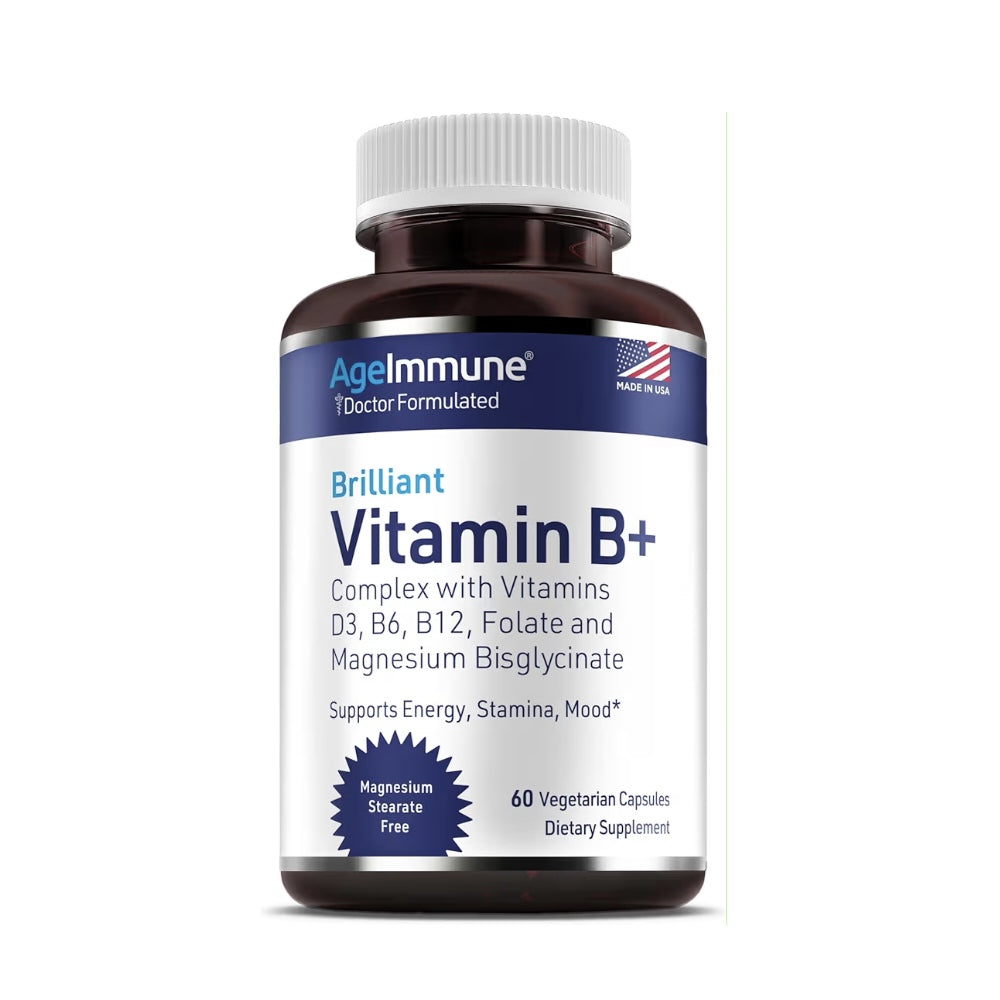 Vitamin B+ (60 Capsules) Complex with Vitamins D3, B6, B12, Folate and Magnesium Bisglycinate
