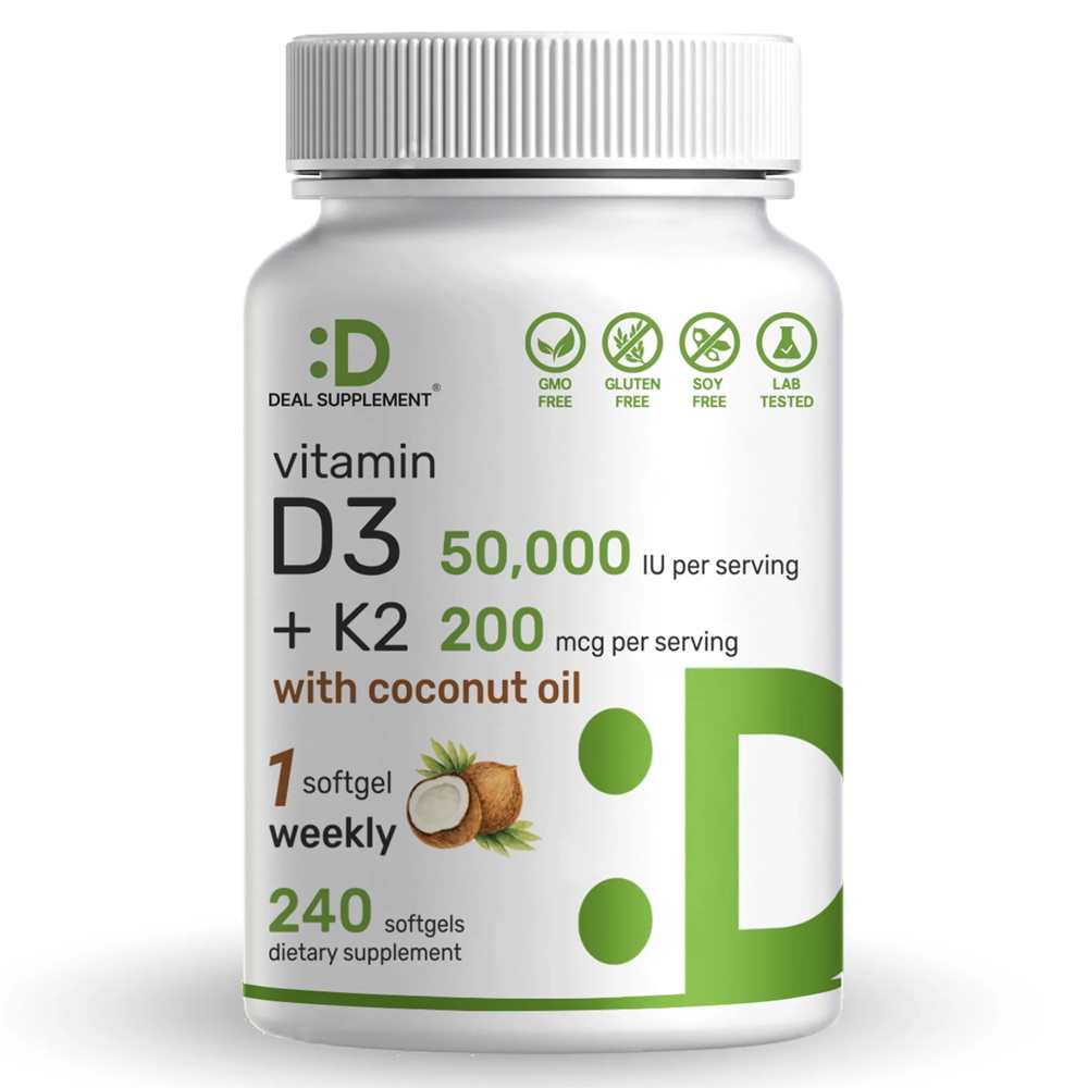 Deal Supplement Vitamin D3 50,000 IU + K2 MK7 200 mcg, 240 Softgels