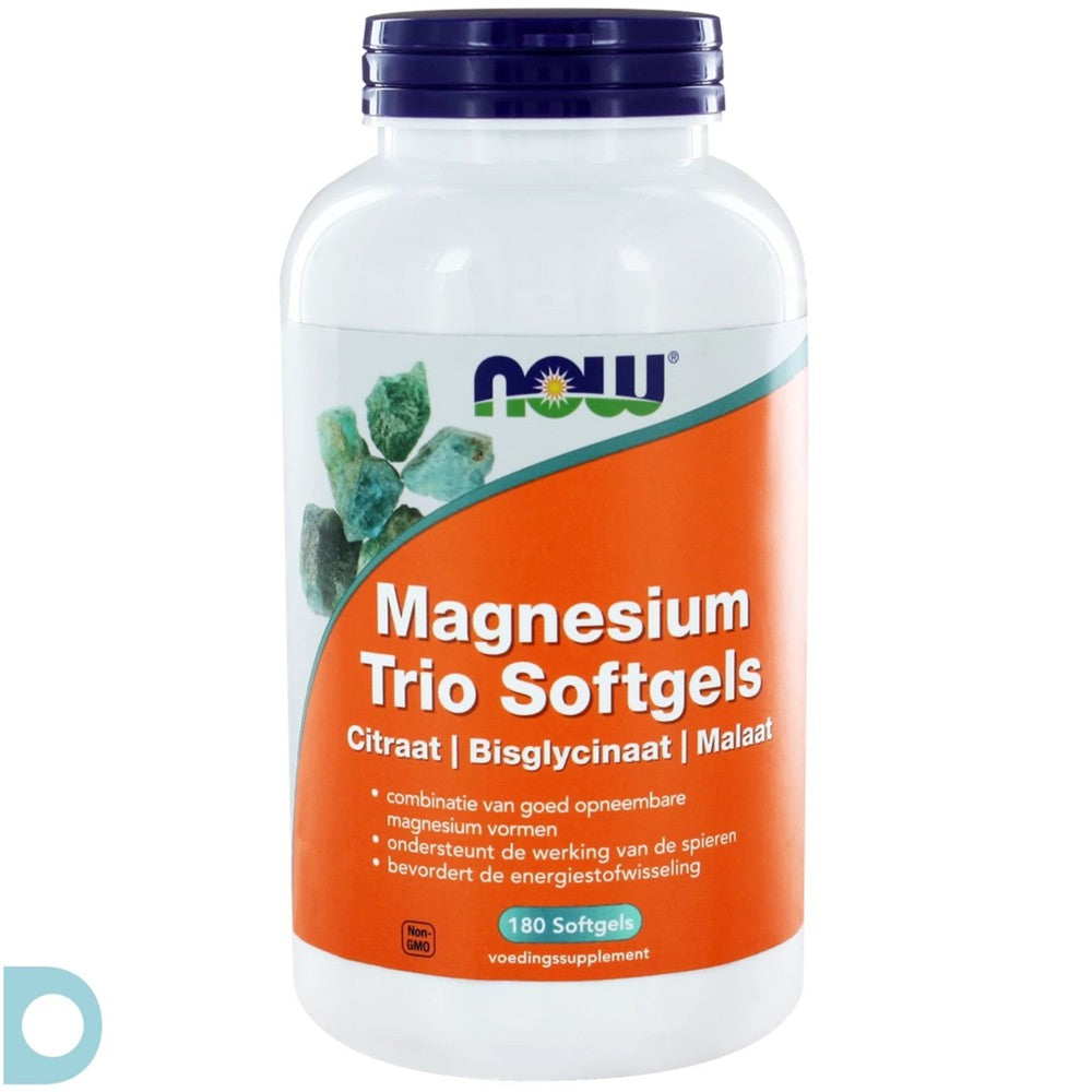 NOW Magnesium Trio Softgels – Citraat, Bisglycinaat & Malaat, 180 Softgels