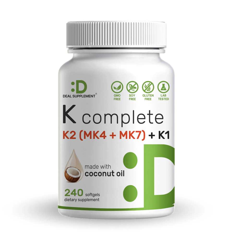 Deal Supplement Premium K Complete - High Potency Vitamin K1, K2 MK-7 & MK-4 Complex, 240 Coconut Oil Infused Softgels