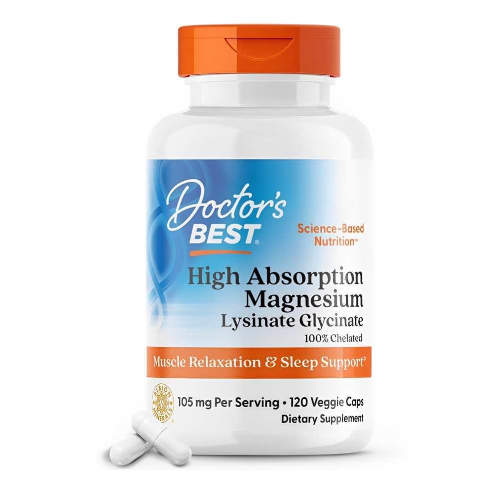 Doctor's Best High Absorption Magnesium Lysinate Glycinate – 120 Veggie Capsules