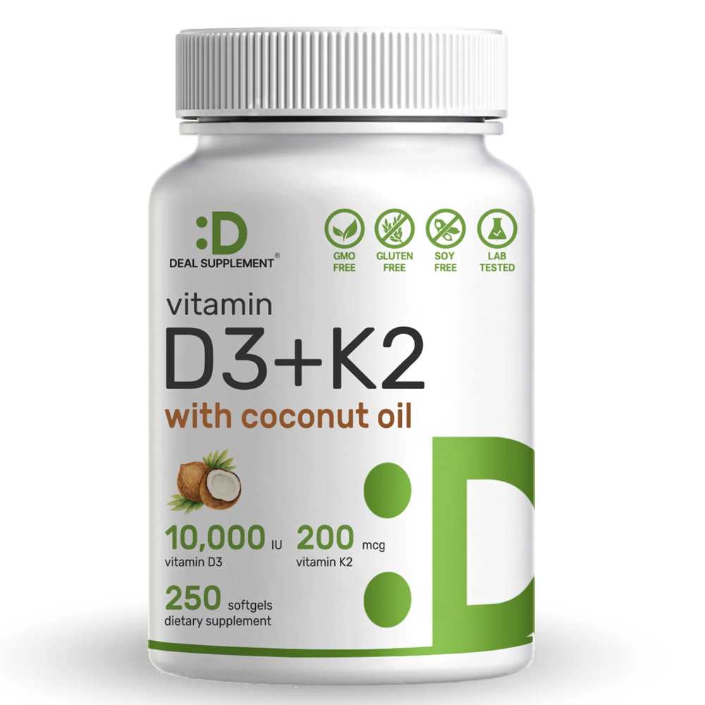 Deal Supplement Vitamin D3+K2 10000 IU with Virgin Coconut Oil, 250 Softgels