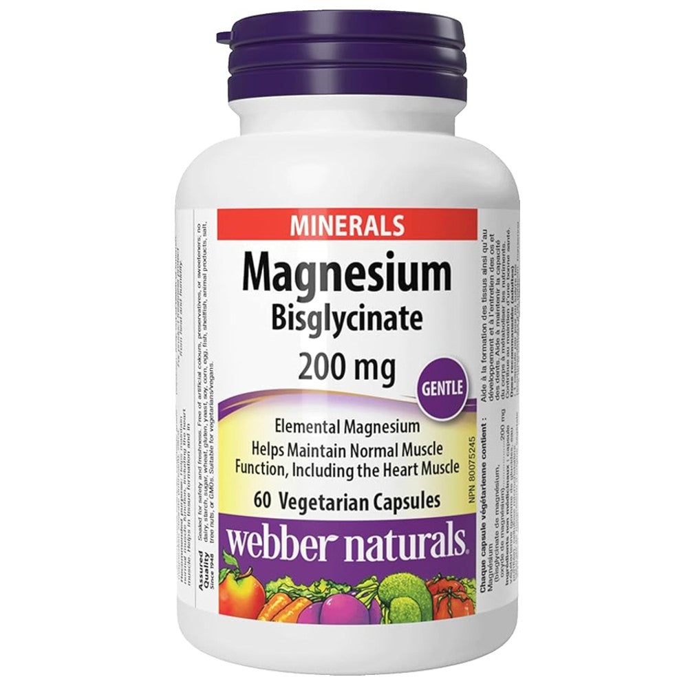 Webber Naturals Magnesium Bisglycinate 200mg – Gentle Formula 60 Capsules