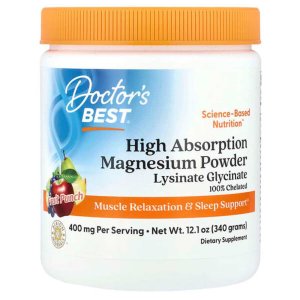 Doctor's Best High Absorption Magnesium Powder Lysinate Glycinate 100% Chelated, 400 Mg per Serving, Fruit Punch, 340g