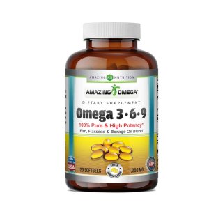 Amazing Omega 3.6.9 3600 Mg per Serving Lemon Flavor High & Pure Potency Fish, Flaxseed & Borage Oil Blend 120 Softgels