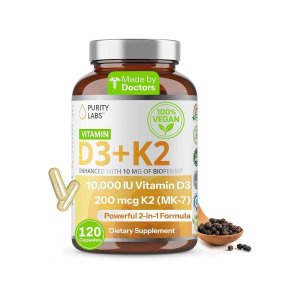 Purity Labs Vitamin D3 K2 10000 Iu, (250mcg) D3 + 200mcg K2 Mk7 120 Caps