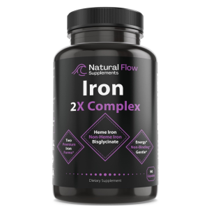 Natural Flow Supplements Iron 2X Complex – Heme Iron & Non-Heme Iron Bisglycinate – 90 Capsules
